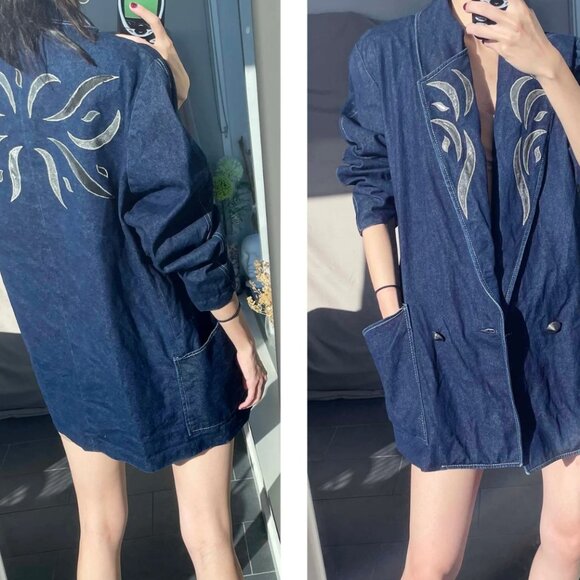 Vintage Embroidered Denim Jacket: Oversized 90s Jean Coat (M-XL) - Picture 2 of 9